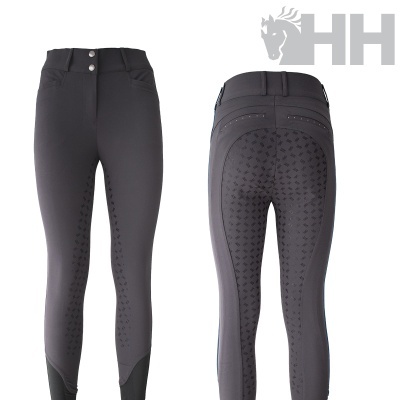 calças de equitação cinza escuro com padronagem antiderrapante mostradas de frente e costas