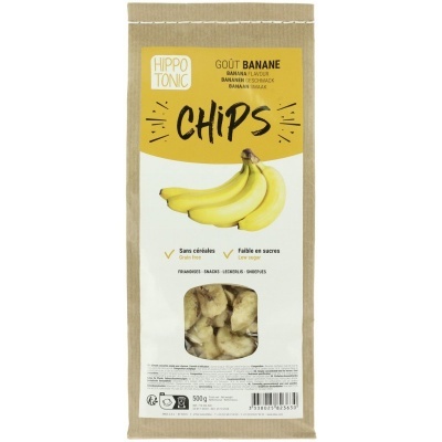 Pacote de chips sabor banana Hippo Tonic com imagem de bananas
