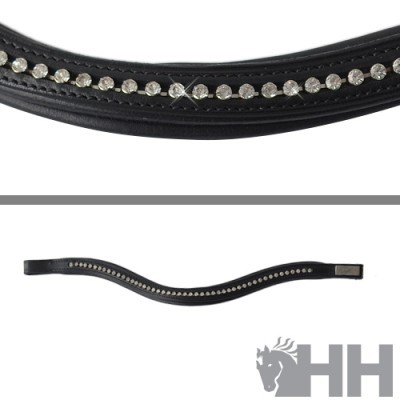 Frete preto em pele com brilhantes transparentes e fecho metálico com logo HH cinzento