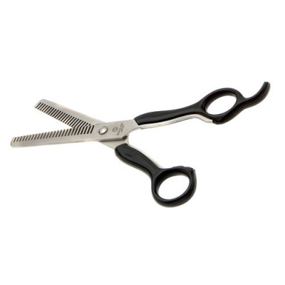 Tesoura de desbaste com punhos pretos e lâminas metálicas