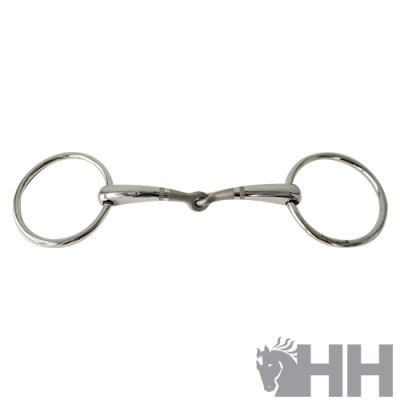 Bit metálico prateado para cavalo com argolas e peça central articulada