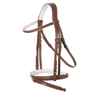 Cabeçada castanha em pele com acolchoamento branco para cavalo