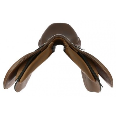 Sela de equitação em pele castanha vista de cima