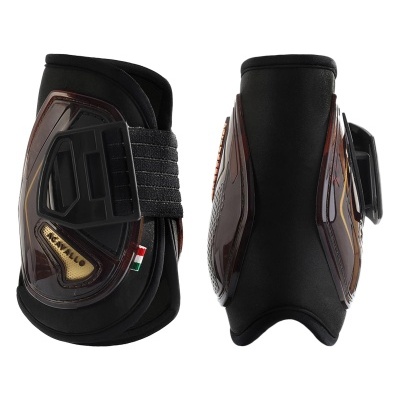 Protectores para joelhos preto e castanho com fecho de velcro e etiqueta Kavallo