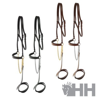 Cabeçadas e cabrestos para cavalo em napa preta e castanha com corrente decorativa e logo HH