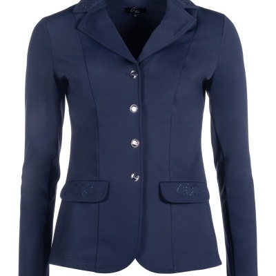 Blazer feminino azul escuro com botões prateados e bolsos