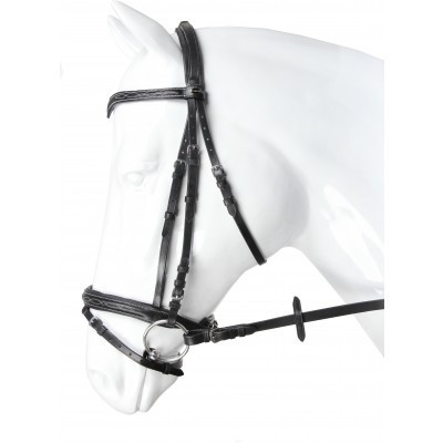 Cabeçada preta em pele num manequim branco de cabeça de cavalo