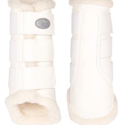 Protectores brancos para pernas de cavalo com interior peludo e tiras de velcro