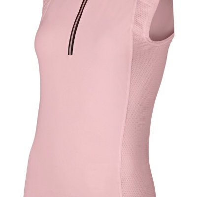 Top desportivo sem mangas cor-de-rosa claro com fecho preto curto frontal