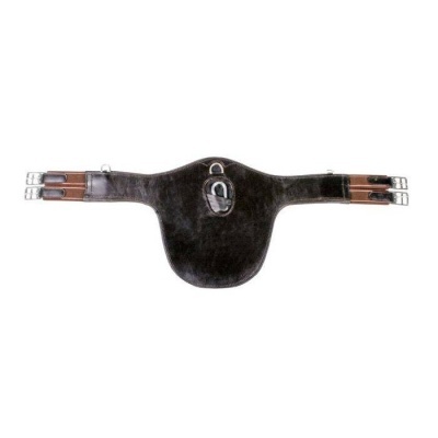 Produto em pele preta e castanha com fivelas metálicas e argola no centro