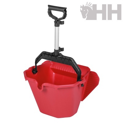 Balde vermelho com alça e mecanismo de aperto preto para limpeza.