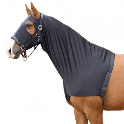 Cavalo com venda preta elástica cobrindo cabeça e pescoço