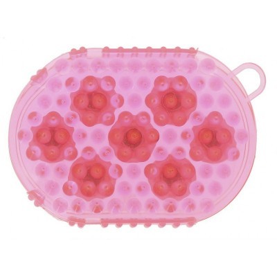 Escova massajador de banho oval cor-de-rosa com cerdas de silicone.