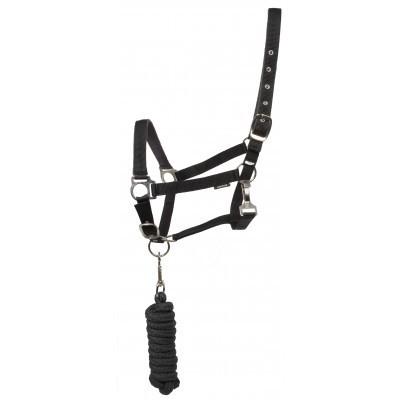 Cabresto preto de nylon com fivelas metálicas e corda preta pendurada