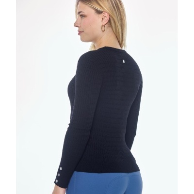 Camisola preta de manga comprida texturizada com botões nos punhos, vista de costas e perfil.