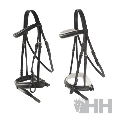 Conjunto de cabresto de cavalo em couro preto com acolchoamento cinza claro