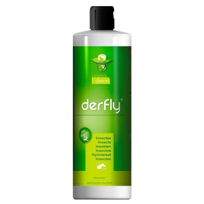 Frasco do produto derfly para insetos com rótulo verde e tampa preta