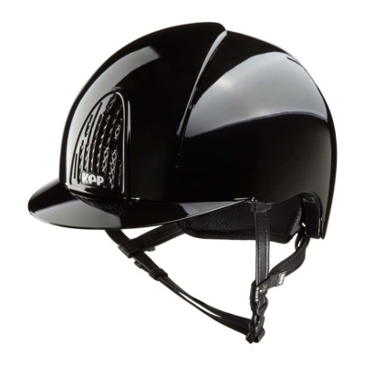 Capacete de equitação preto brilhante com viseira e tira ajustável