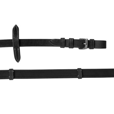 Cinto preto em pele e tecido com fivela metálica.