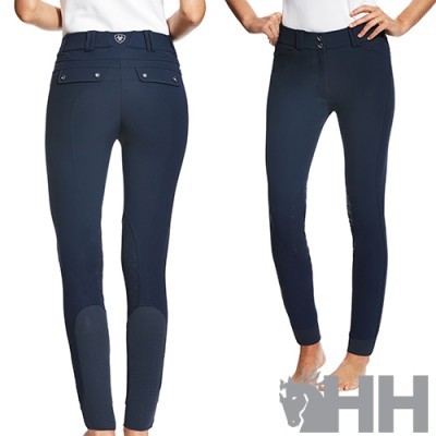 Calças de equitação azul escuro com fecho de botões e detalhes antiderrapantes