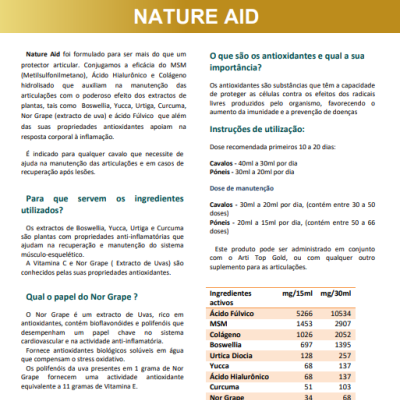 Folheto informativo do produto Nature Aid da Equi Karma com texto e tabela de ingredientes