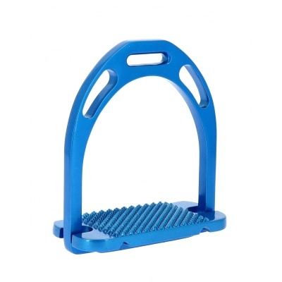 Estribo azul metálico com base antiderrapante e três aberturas