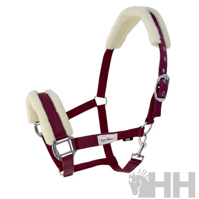 Cabresto de cavalo em nylon roxo com forro branco felpudo e fivela metálica.