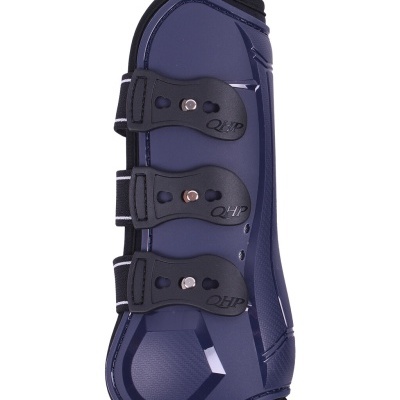 Botas de proteção azul-escuro com tiras pretas de velcro e inscrições QHP