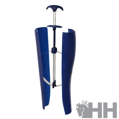 Dispositivo azul e metal para calçar botas com marca HH e logotipo de cavalo