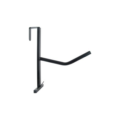 Suporte metálico preto com gancho para pendurar e braço inclinado.