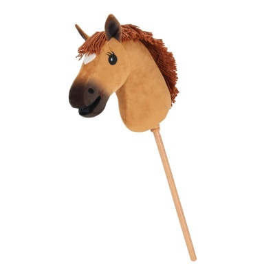 Cavalo de pau castanho com cabeça em tecido e crina de fios castanhos