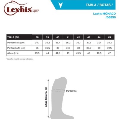Tabela de tamanhos para botas Lexhis Mónaco, medidas em centímetros