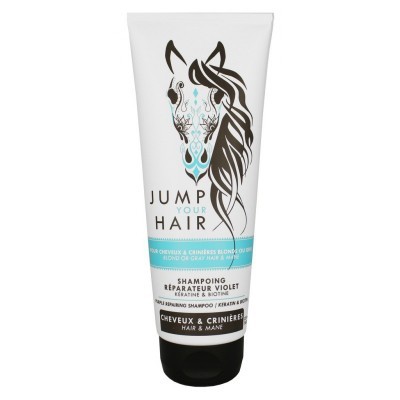 Frasco branco de shampoo JUMP YOUR HAIR com ilustração cabeça de cavalo