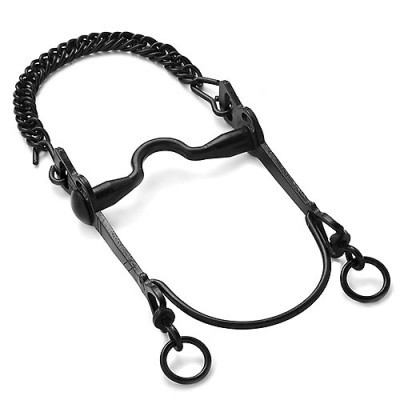 Freio de cavalo em metal preto com corrente e argolas