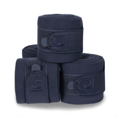 Três bandagens elásticas azuis enroladas com tiras de velcro e etiquetas com logótipo em relevo