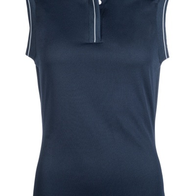 Top azul escuro sem mangas com gola polo e botões brancos