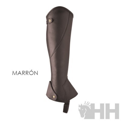 Perneira de equitação castanha com fecho e botão dourado