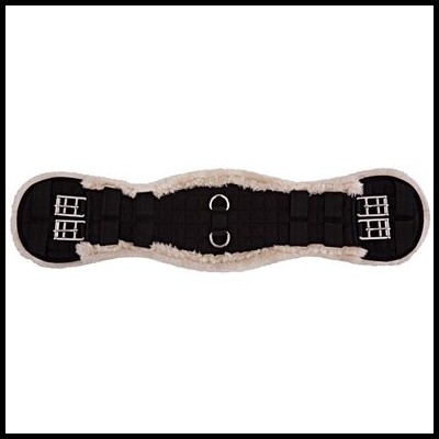 Cincha para sela preta com acolchoamento bege e fivelas metálicas