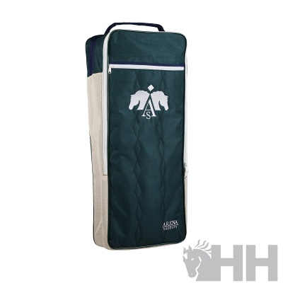 Bolsa de transporte vertical verde escuro com logo e inscrições ARENA SELECTED