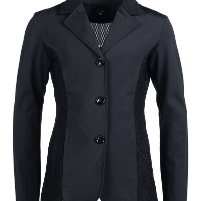 Blazer feminino preto com botões e detalhes em malha nas laterais