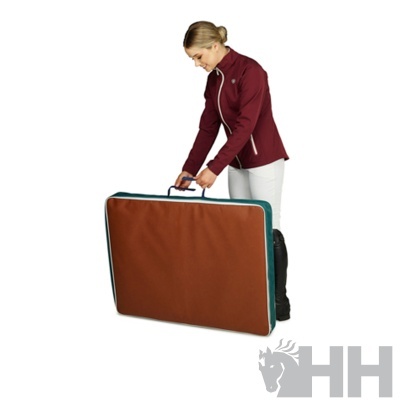 Mala rígida castanha com bordas verdes e pega preta sendo segurada por mulher com casaco vermelho e calças brancas