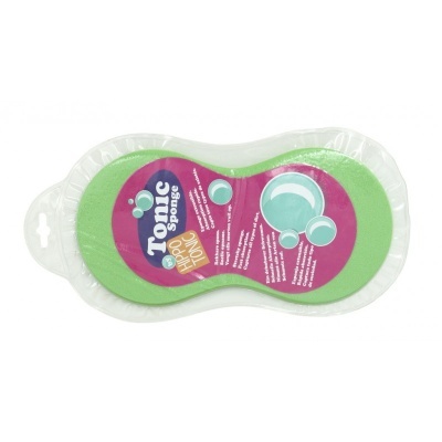 Esponja dupla verde Tonic Sponge na embalagem com etiqueta roxa.