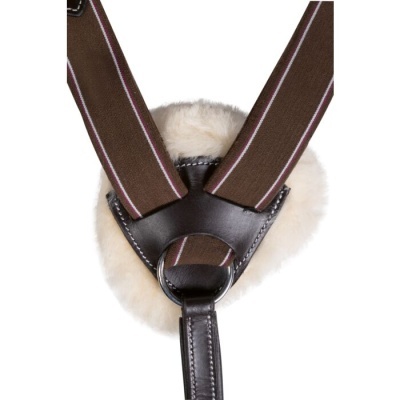 Suspensórios castanhos com riscas brancas e rosas e detalhes em couro castanho com apoio almofadado em pele branca