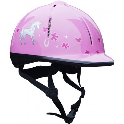 Capacete cor-de-rosa com desenhos de unicórnio, corações e borboletas