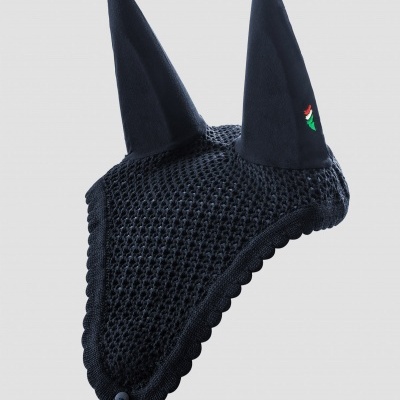 Touca para cavalo azul escuro com orelhas pontiagudas e tecido em malha