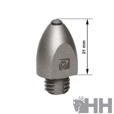 peça metálica cónica com rosca e símbolo impresso MV com medida 21 mm