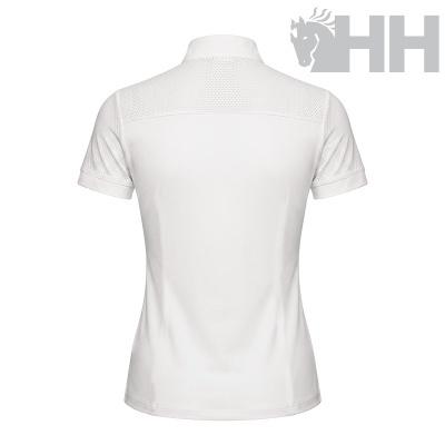 Polo branco feminino vista traseira com detalhes em tecido perfurado e logótipo HH cinzento