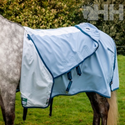 Cavalo com manta azul claro e branco com tiras azuis no campo