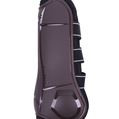 proteção para perna de cavalo castanho com tiras elásticas pretas