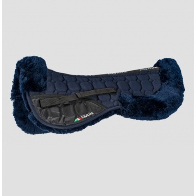 Produto azul escuro acolchoado para equitação com bordas de pelo sintético e etiqueta EQUILINE